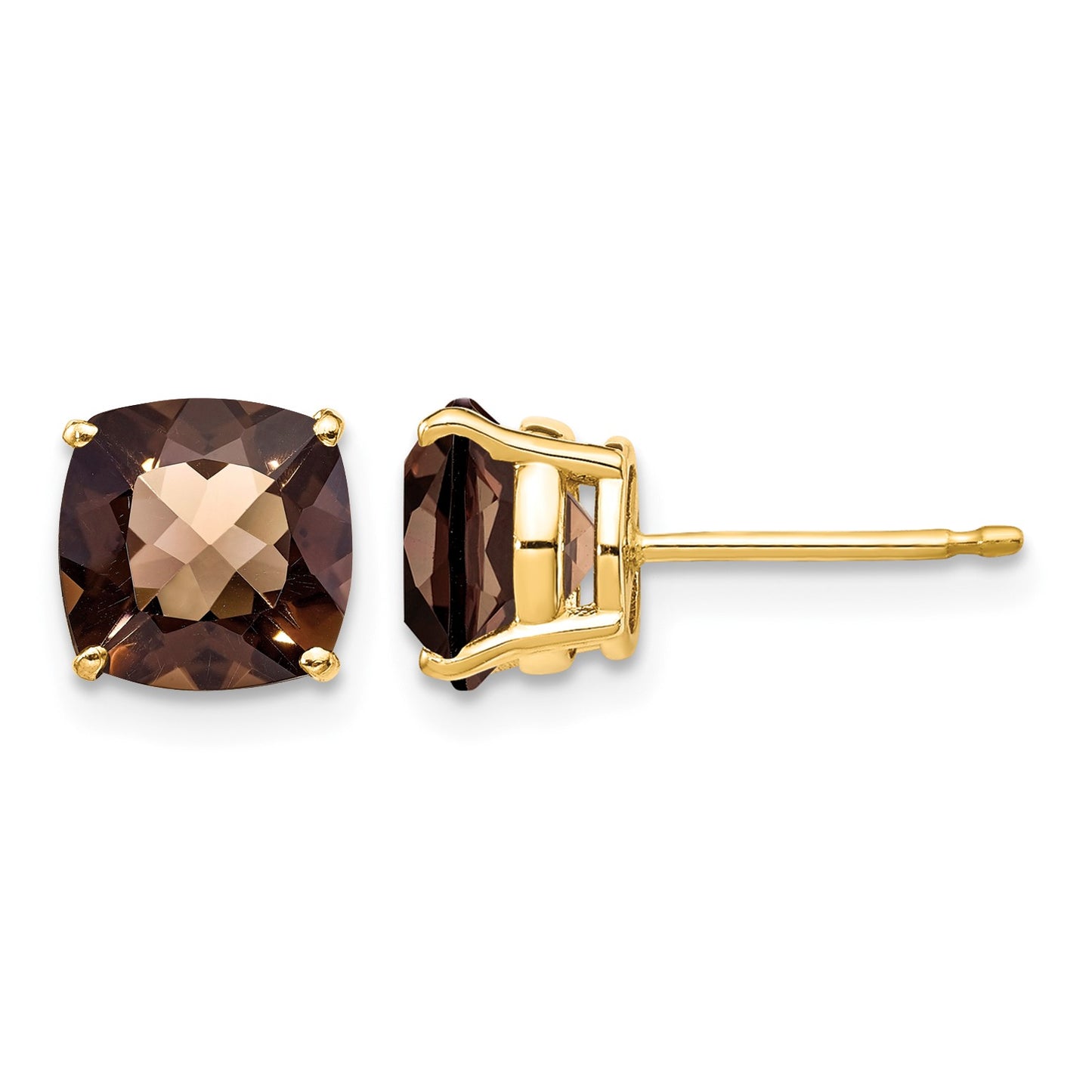 14k 7mm Cushion Smoky Quartz Checkerboard Post Earrings