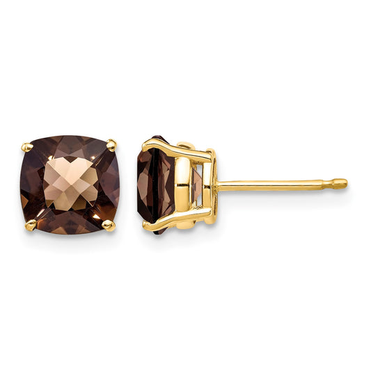 14k 7mm Cushion Smoky Quartz Checkerboard Post Earrings