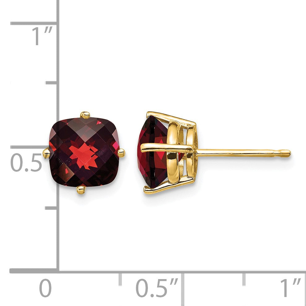 14k 7mm Cushion Garnet Checkerboard Post Earrings