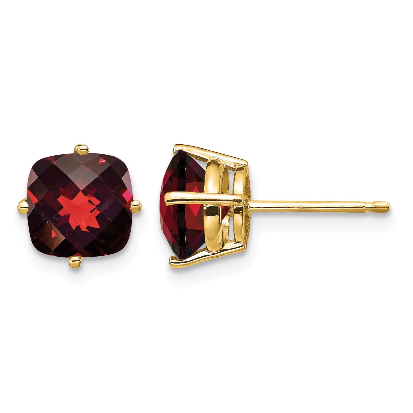 14k 7mm Cushion Garnet Checkerboard Post Earrings
