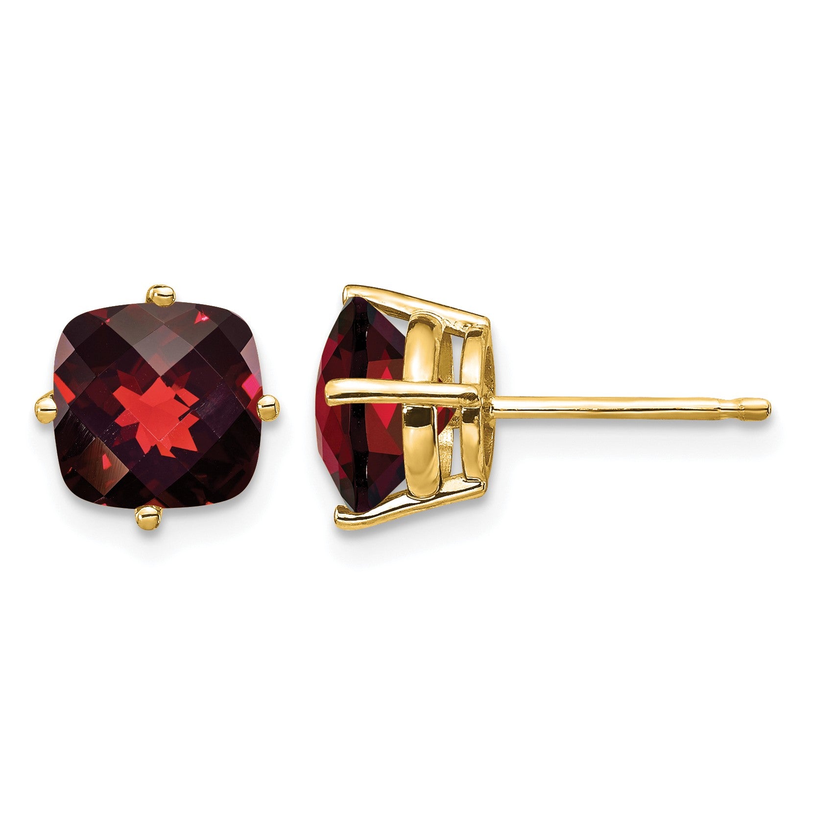 14k 7mm Cushion Garnet Checkerboard Post Earrings