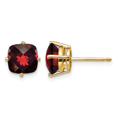 14k 7mm Cushion Garnet Checkerboard Post Earrings