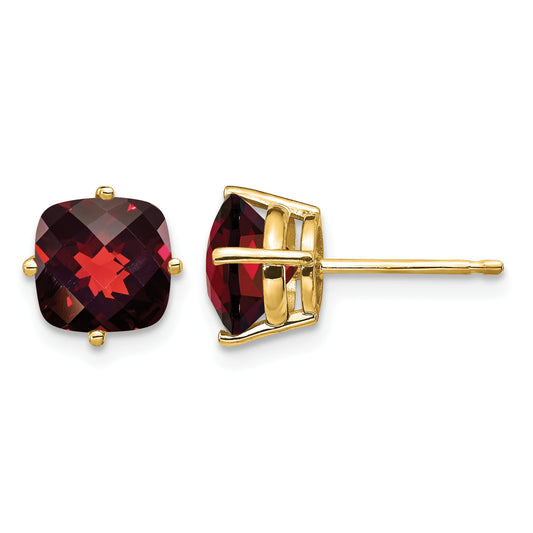 14k 7mm Cushion Garnet Checkerboard Post Earrings