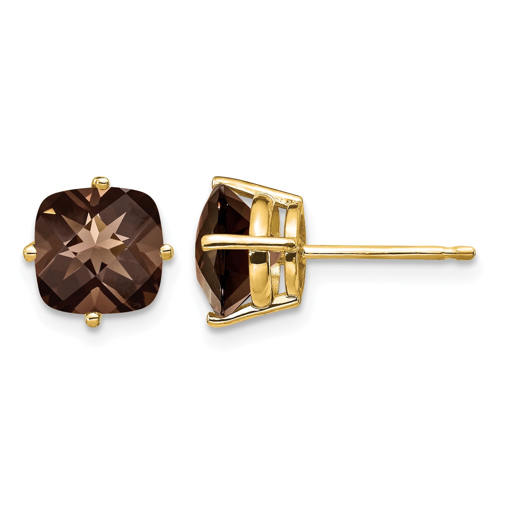 14k 7mm Cushion Smoky Quartz Post Earrings