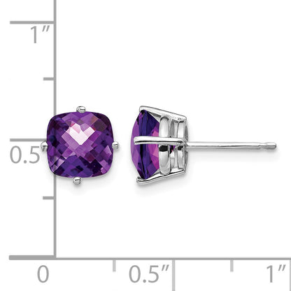 14k White Gold 7mm Cushion Amethyst Checkerboard Post Earrings