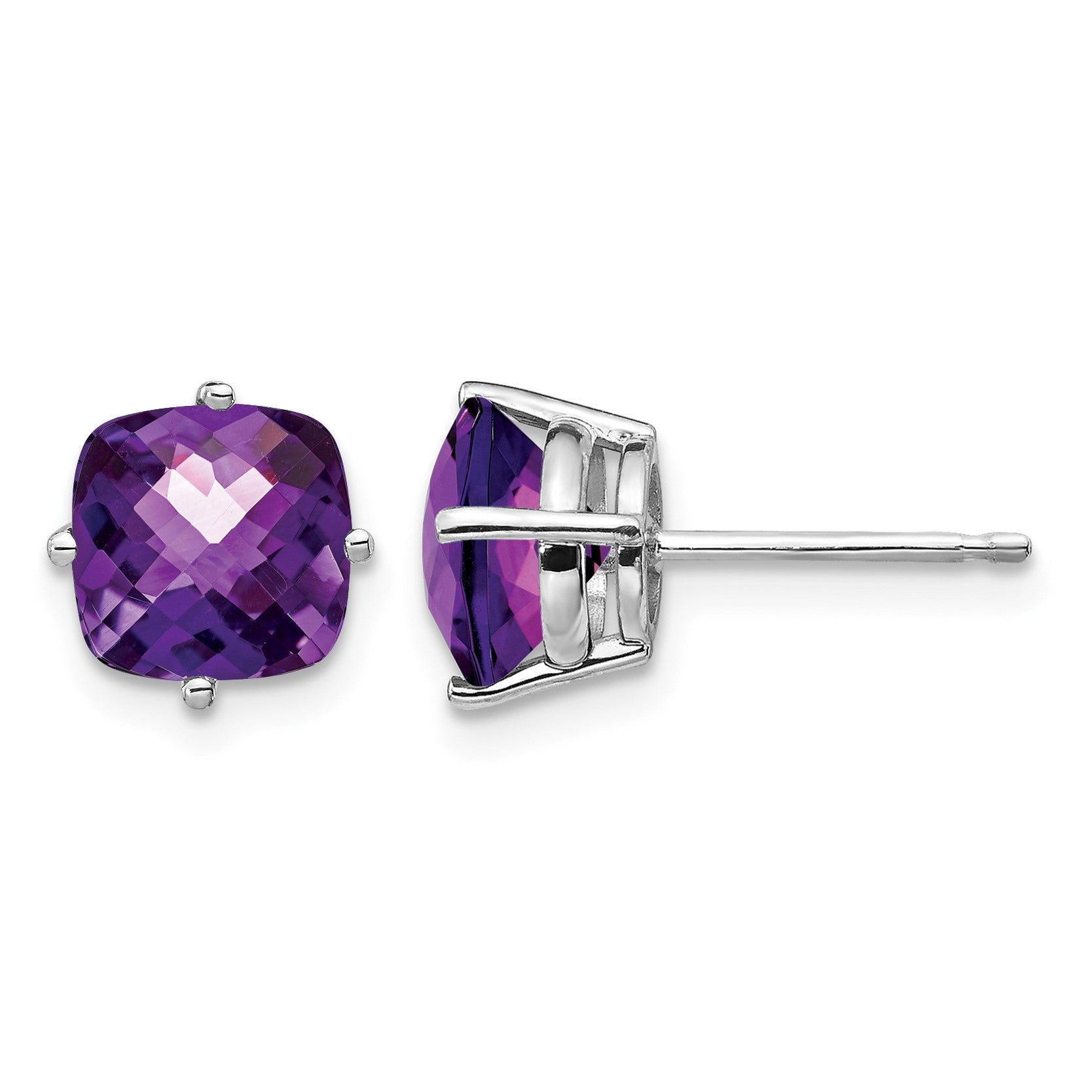 14k White Gold 7mm Cushion Amethyst Checkerboard Post Earrings