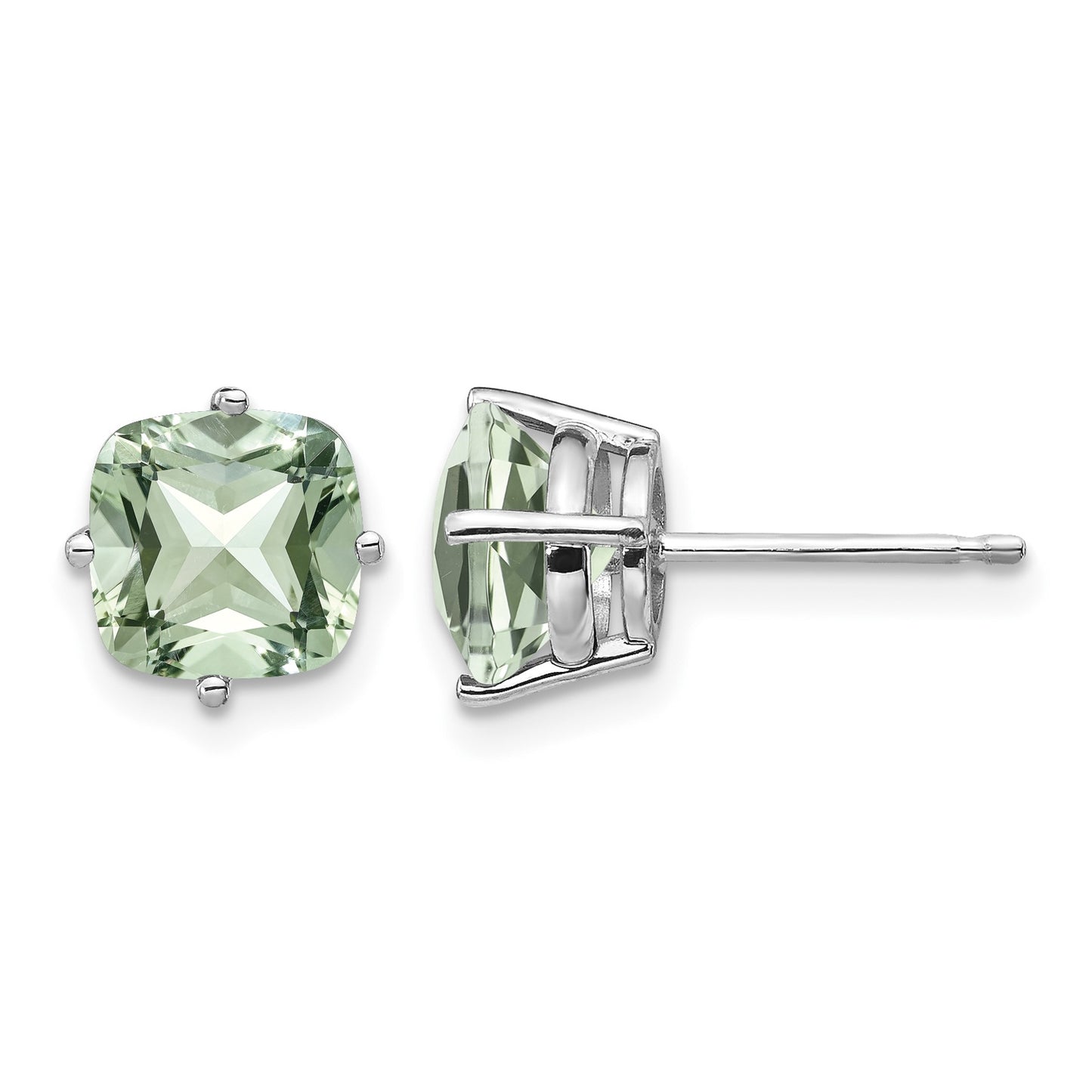 14k White Gold 7mm Cushion Green Quartz Post Earrings