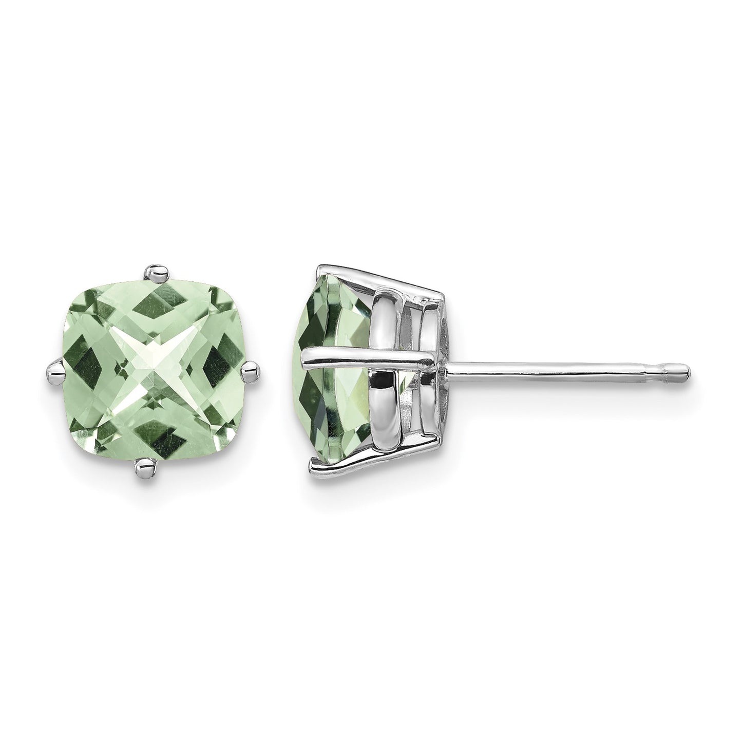 14k White Gold 7mm Cushion Green Quartz Checkerboard Post Earrings