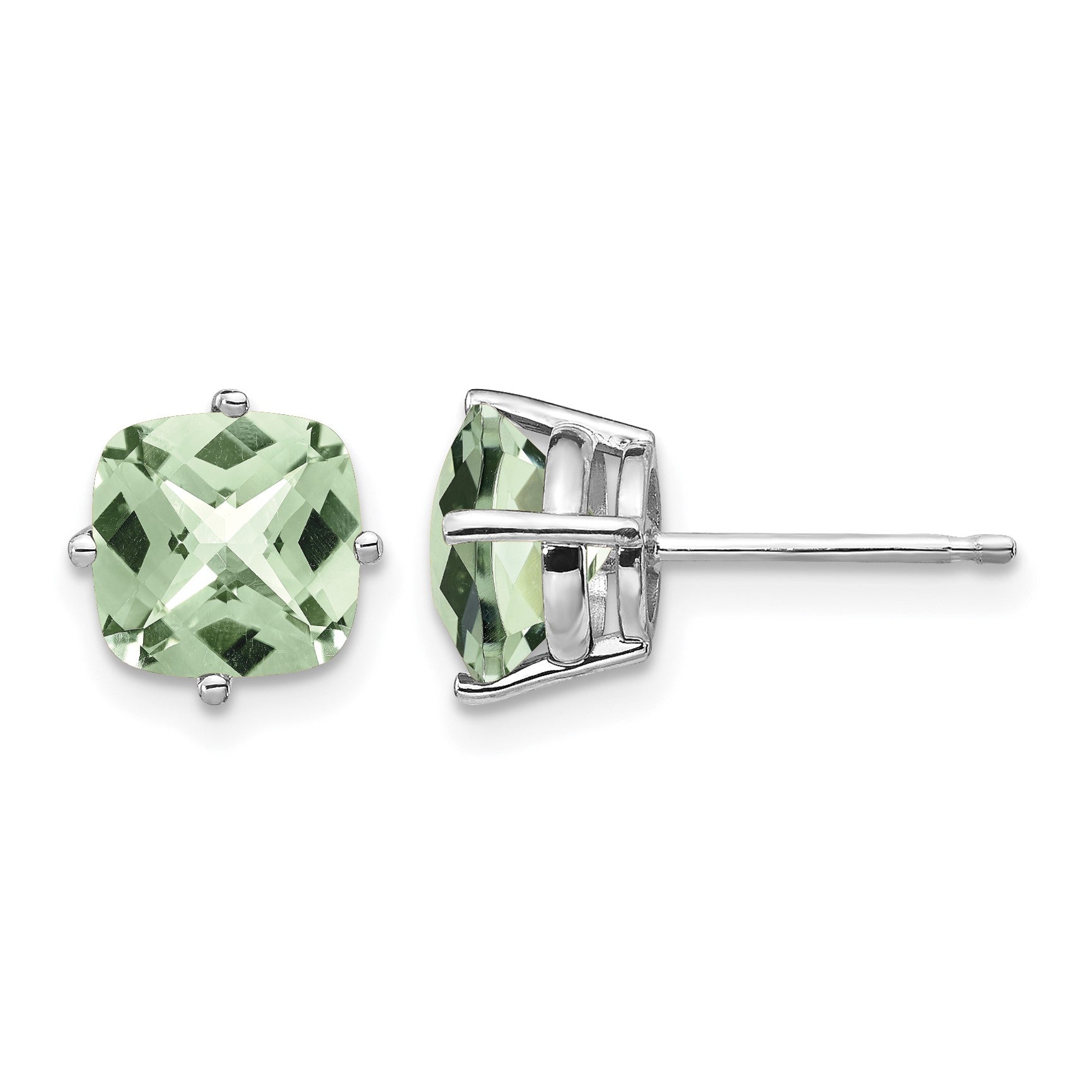 14k White Gold 7mm Cushion Green Quartz Checkerboard Post Earrings