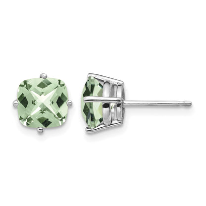 14k White Gold 7mm Cushion Green Quartz Checkerboard Post Earrings