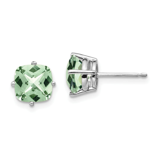 14k White Gold 7mm Cushion Green Quartz Checkerboard Post Earrings