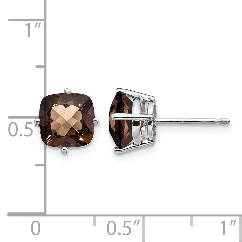 14k White Gold 7mm Cushion Smoky Quartz Checkerboard Post Earrings