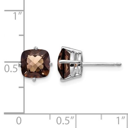 14k White Gold 7mm Cushion Smoky Quartz Checkerboard Post Earrings