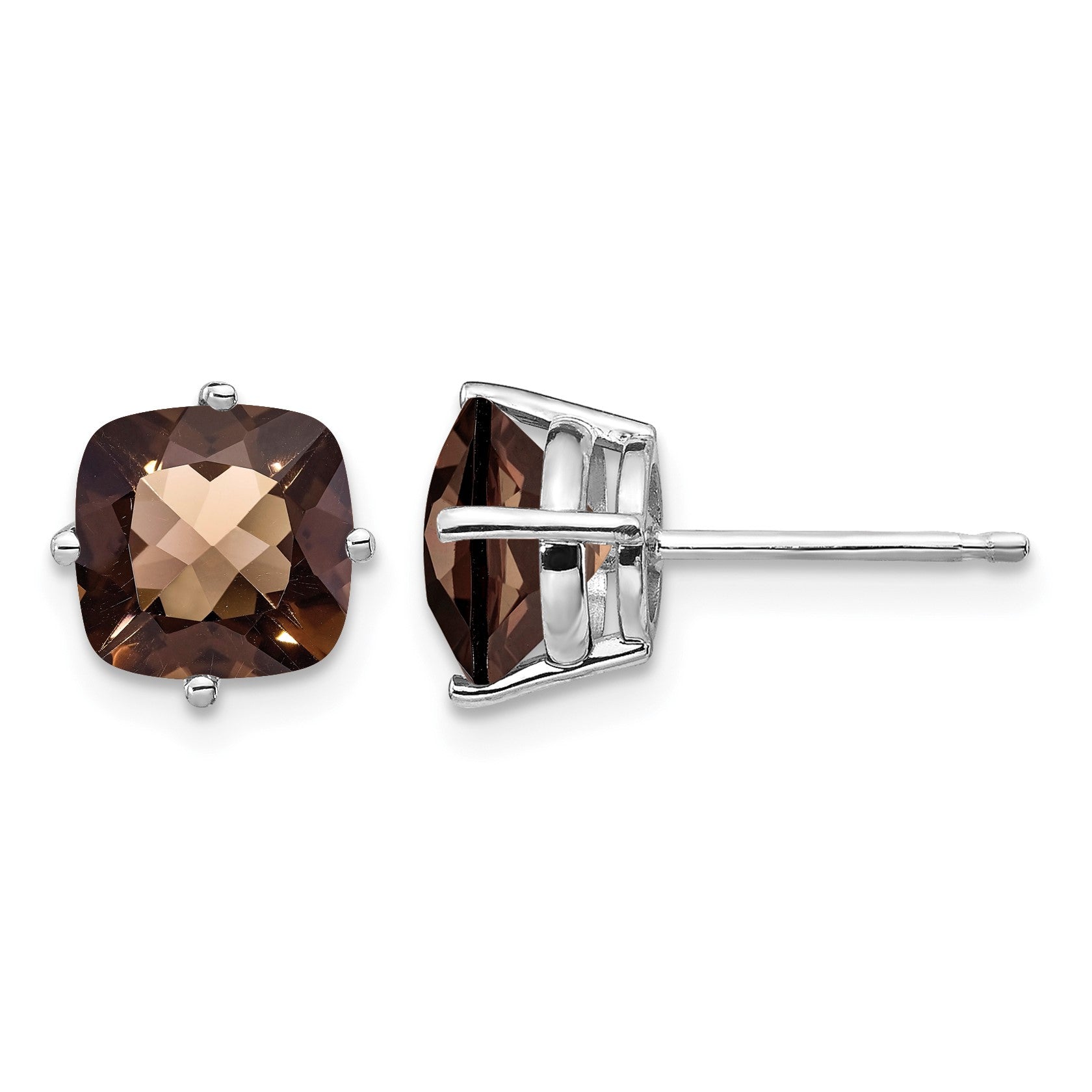 14k White Gold 7mm Cushion Smoky Quartz Checkerboard Post Earrings