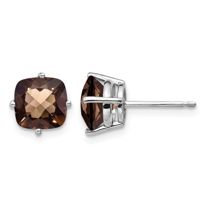 14k White Gold 7mm Cushion Smoky Quartz Checkerboard Post Earrings