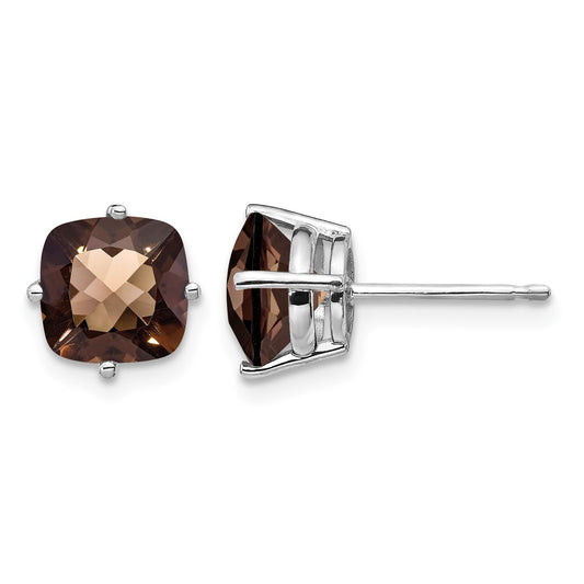 14k White Gold 7mm Cushion Smoky Quartz Checkerboard Post Earrings