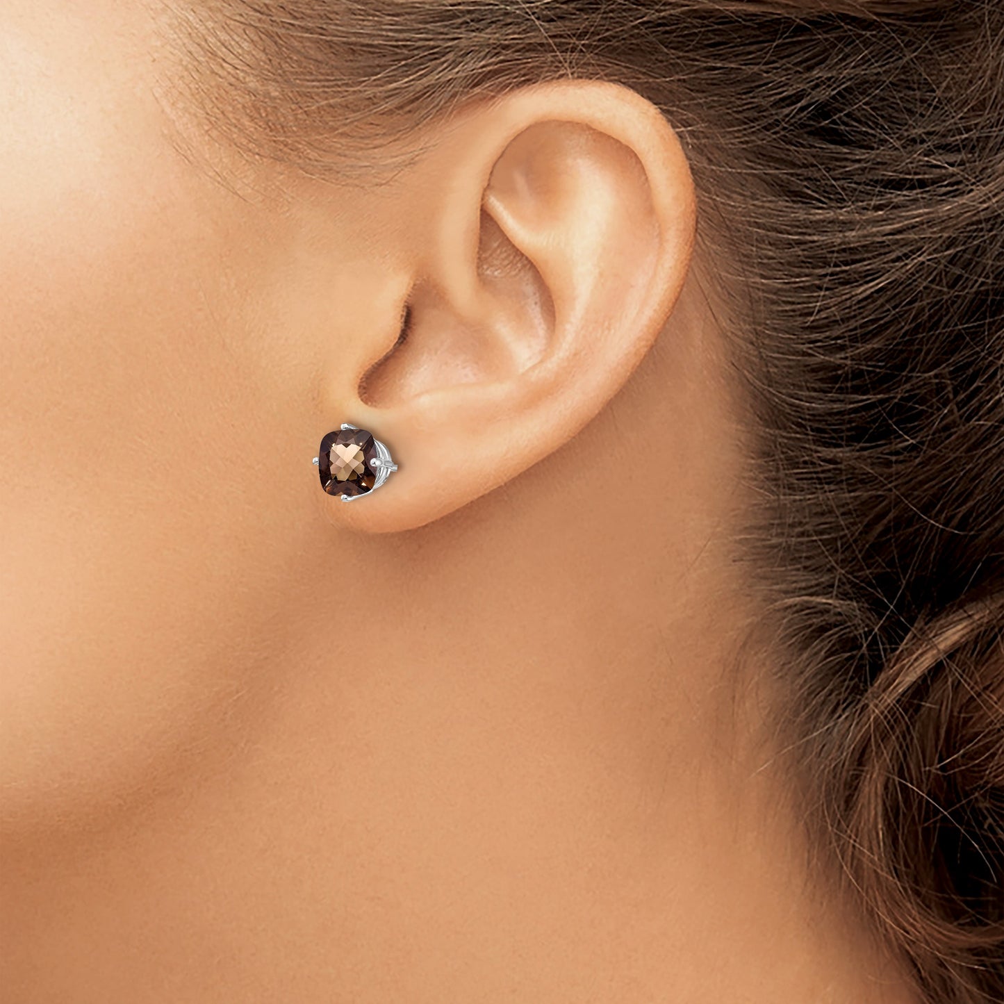 14k White Gold 7mm Cushion Smoky Quartz Post Earrings