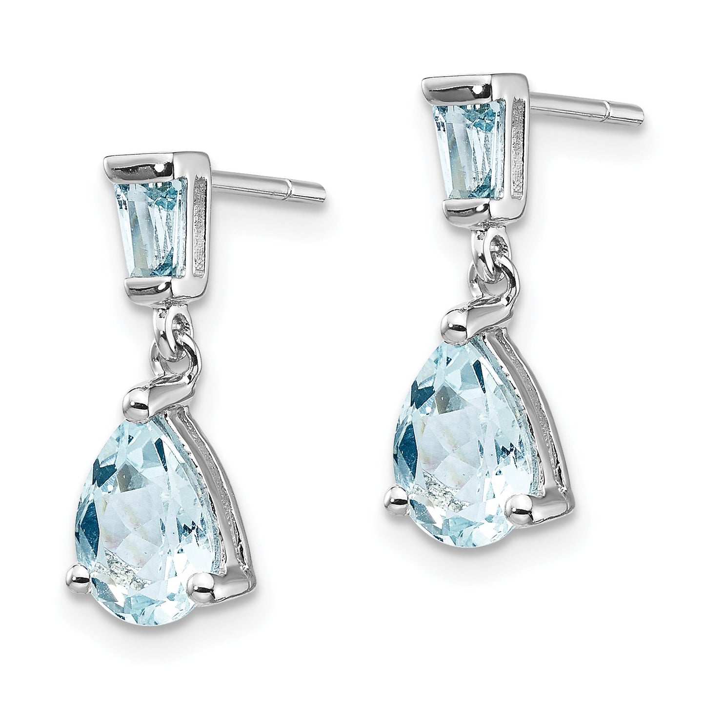 14k White Gold 7x5mm Pear and Baguette Aquamarine Dangle Post Earrings