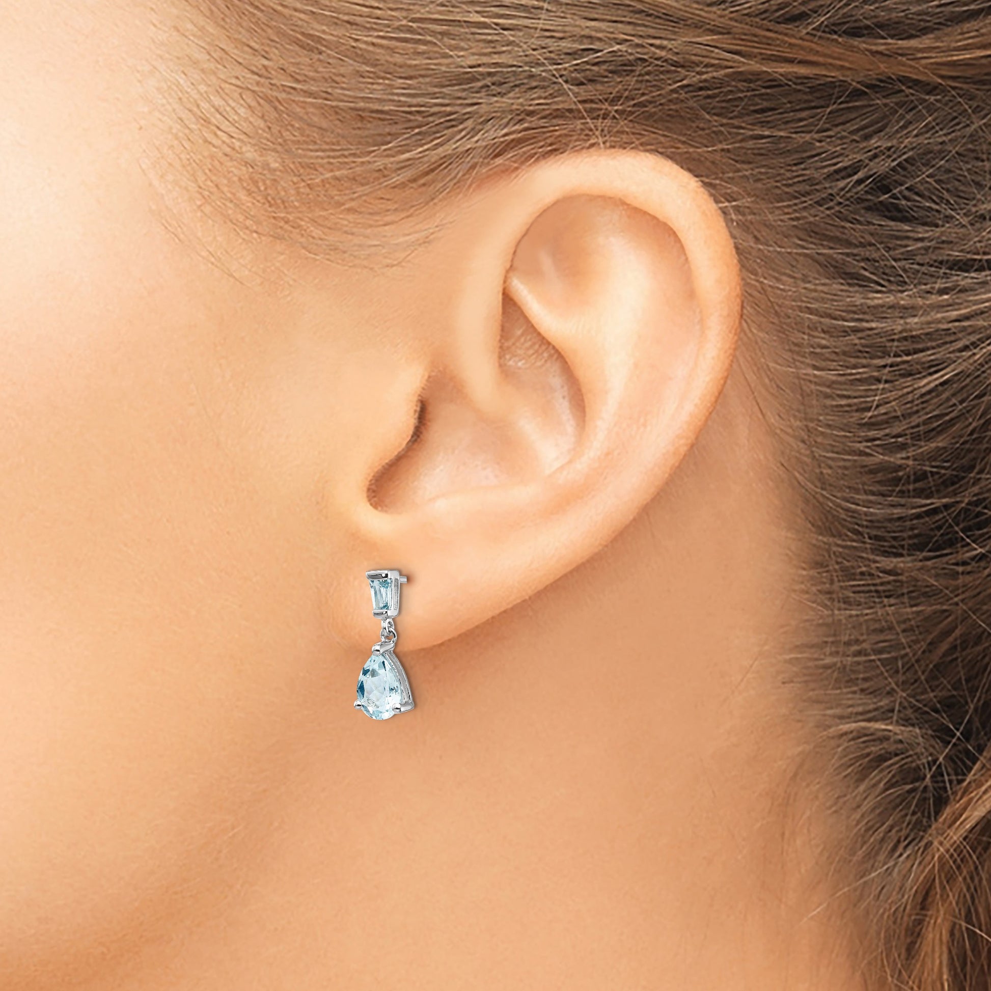 14k White Gold 7x5mm Pear and Baguette Aquamarine Dangle Post Earrings