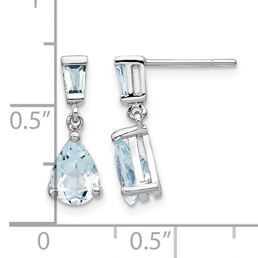 14k White Gold 7x5mm Pear and Baguette Aquamarine Dangle Post Earrings