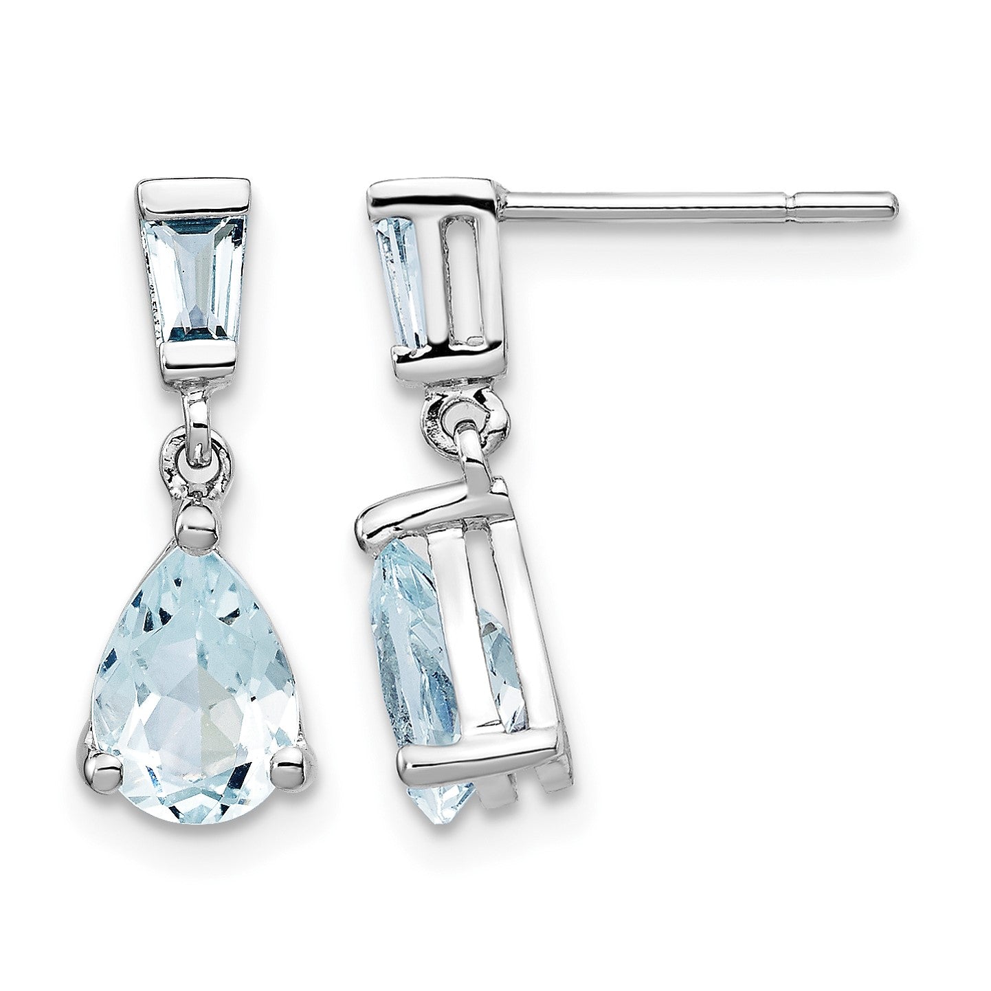 14k White Gold 7x5mm Pear and Baguette Aquamarine Dangle Post Earrings