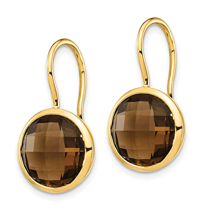 14k 11mm Round Smoky Quartz Checkerboard Dangle Shepherd Hook Earrings