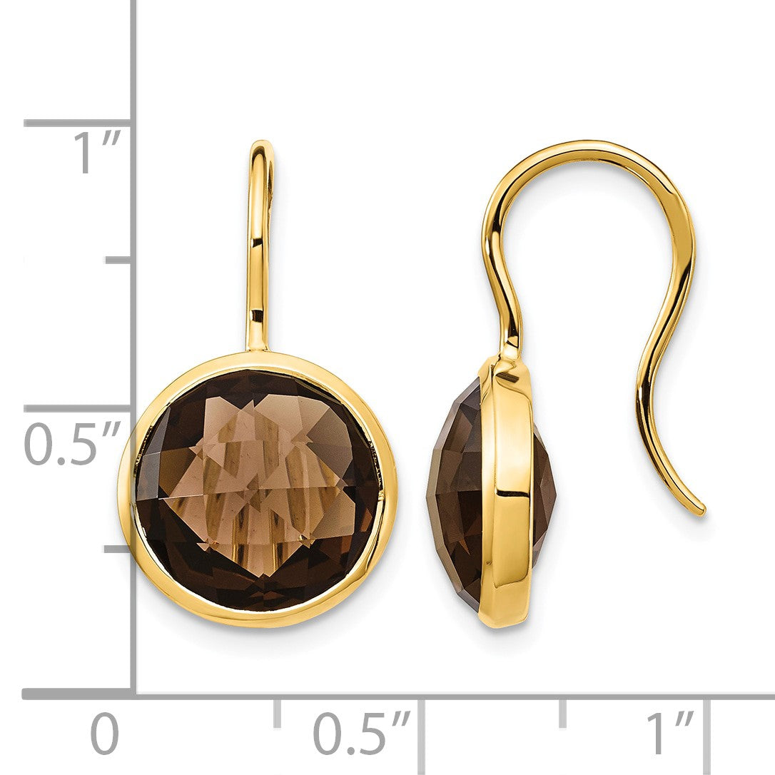 14k 11mm Round Smoky Quartz Checkerboard Dangle Shepherd Hook Earrings