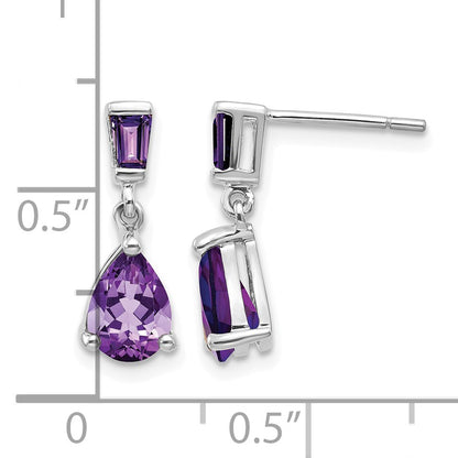 14k White Gold Pear/Baguette Amethyst Dangle Post Earrings