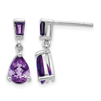 14k White Gold Pear/Baguette Amethyst Dangle Post Earrings