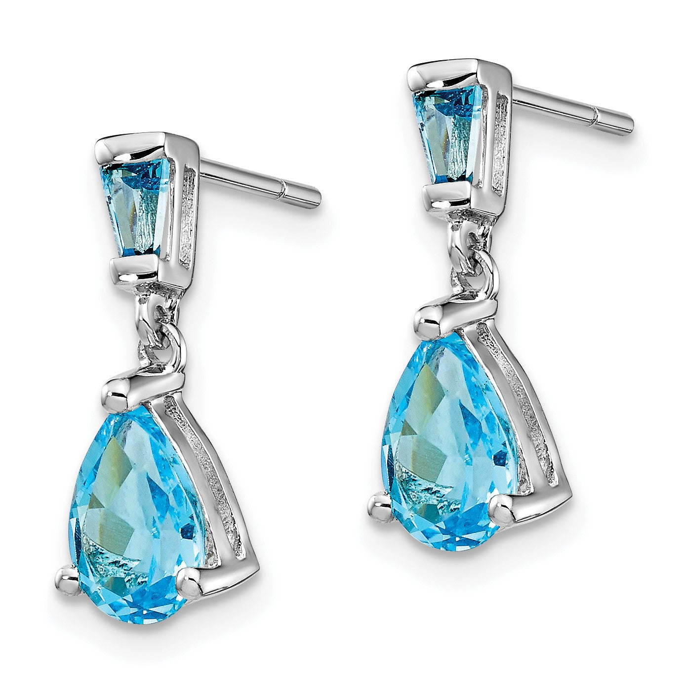 14k White Gold Pear/Baguette Blue Topaz Dangle Post Earrings