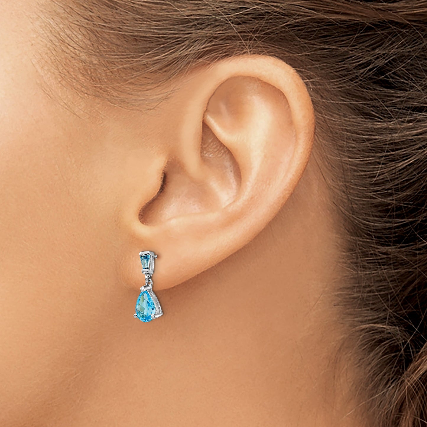 14k White Gold Pear/Baguette Blue Topaz Dangle Post Earrings