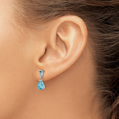 14k White Gold Pear/Baguette Blue Topaz Dangle Post Earrings