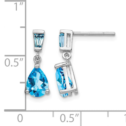 14k White Gold Pear/Baguette Blue Topaz Dangle Post Earrings