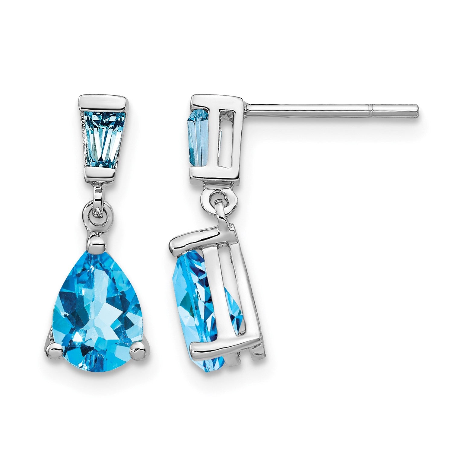 14k White Gold Pear/Baguette Blue Topaz Dangle Post Earrings