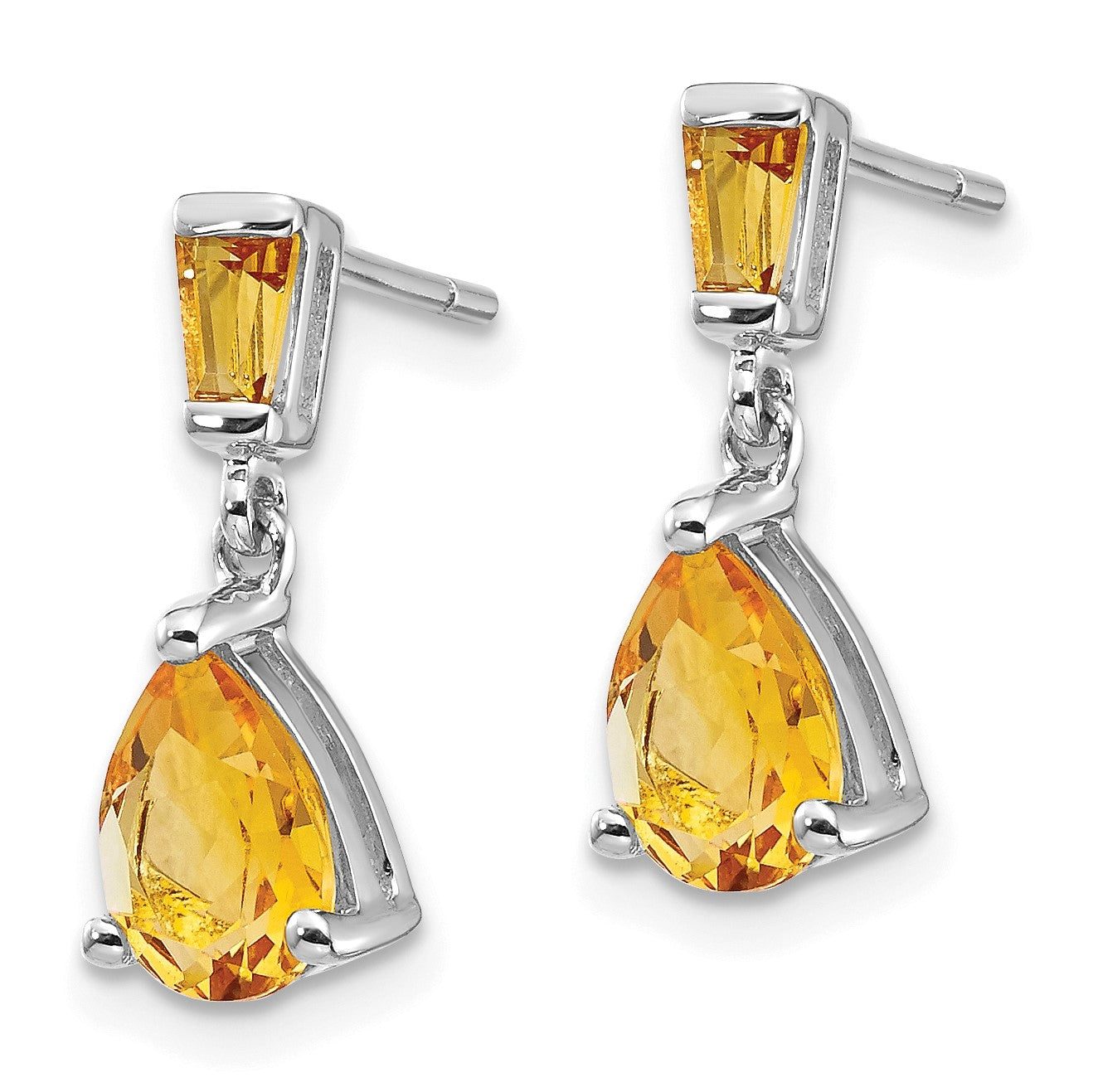 14k White Gold Pear/Baguette Citrine Dangle Post Earrings