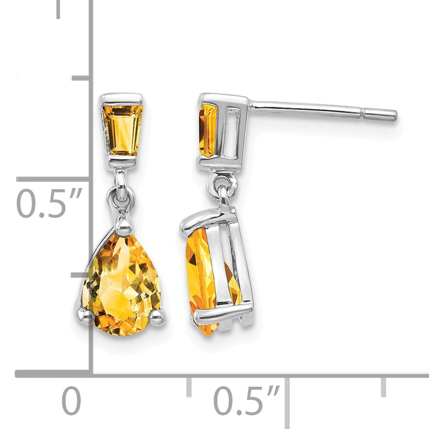 14k White Gold Pear/Baguette Citrine Dangle Post Earrings