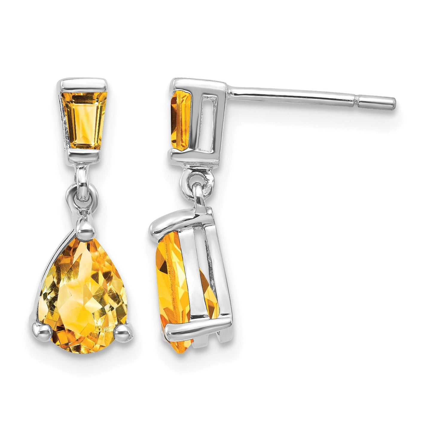 14k White Gold Pear/Baguette Citrine Dangle Post Earrings