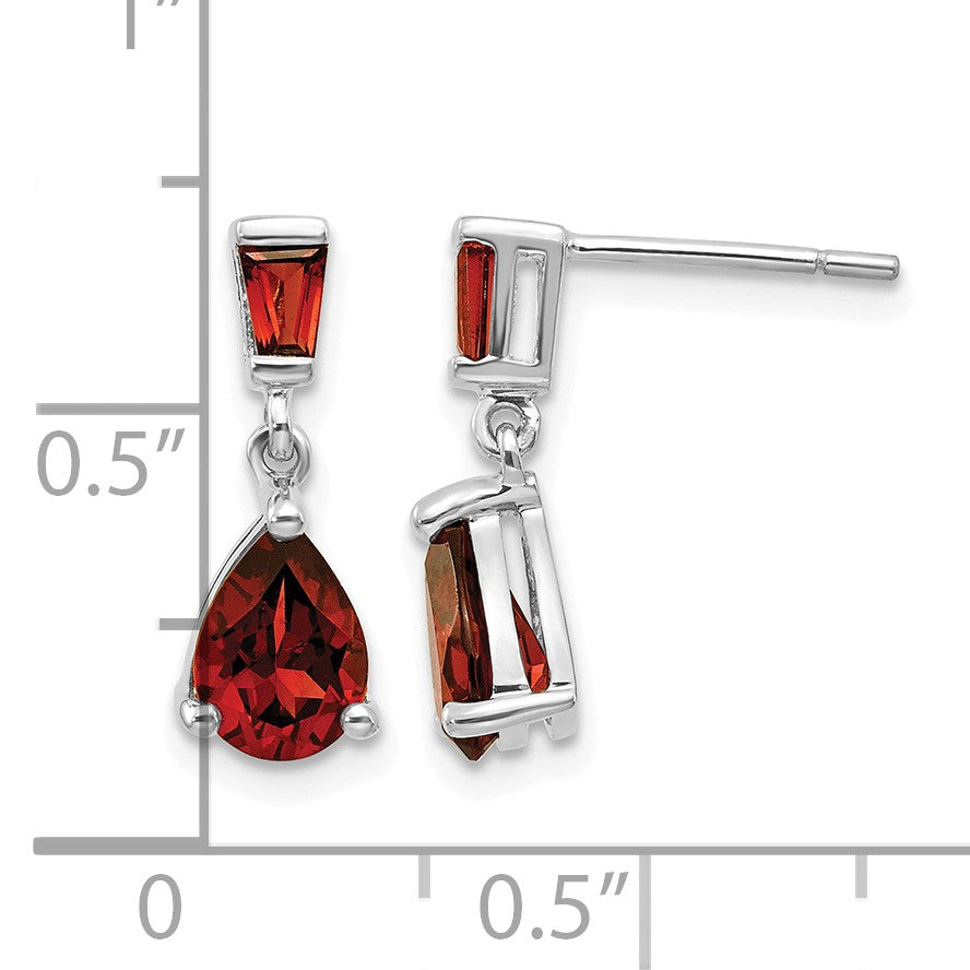 14k White Gold Pear/Baguette Garnet Dangle Post Earrings