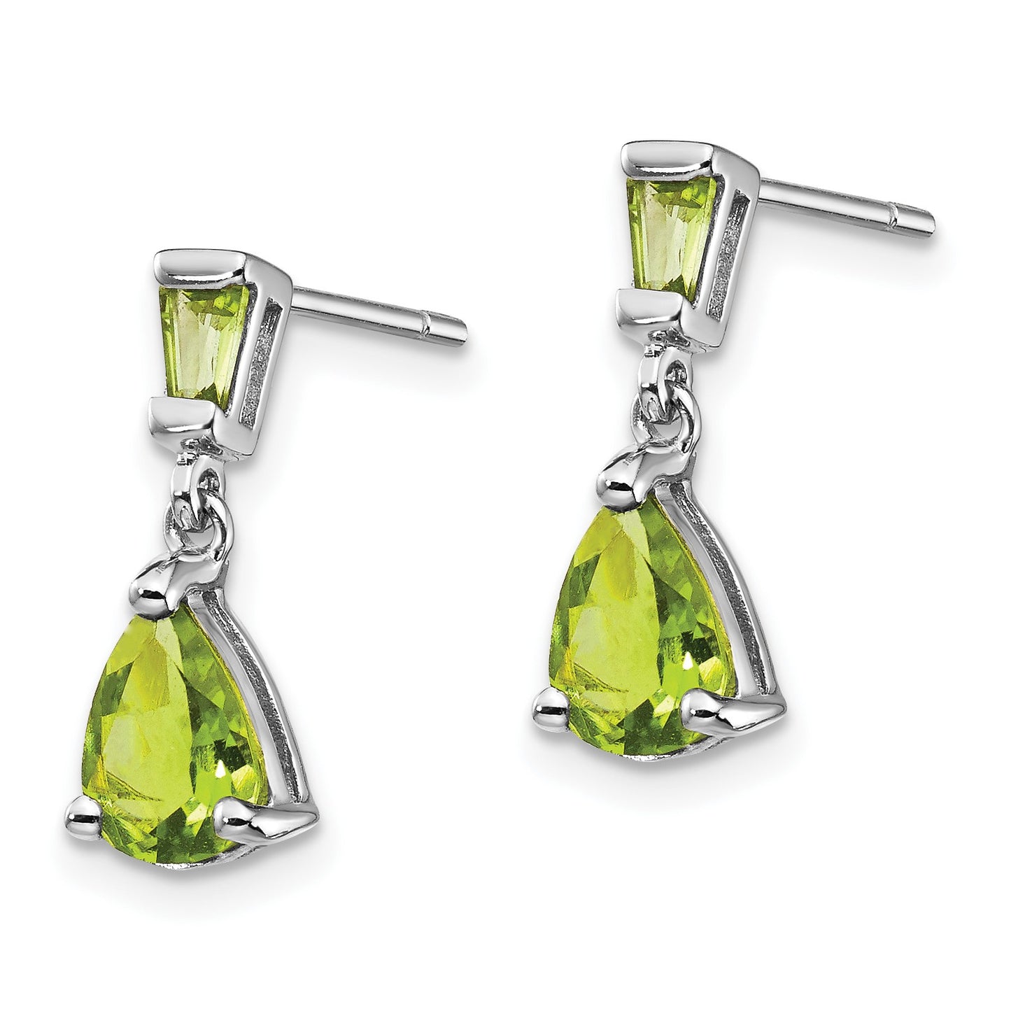 14k White Gold Pear/Baguette Peridot Dangle Post Earrings