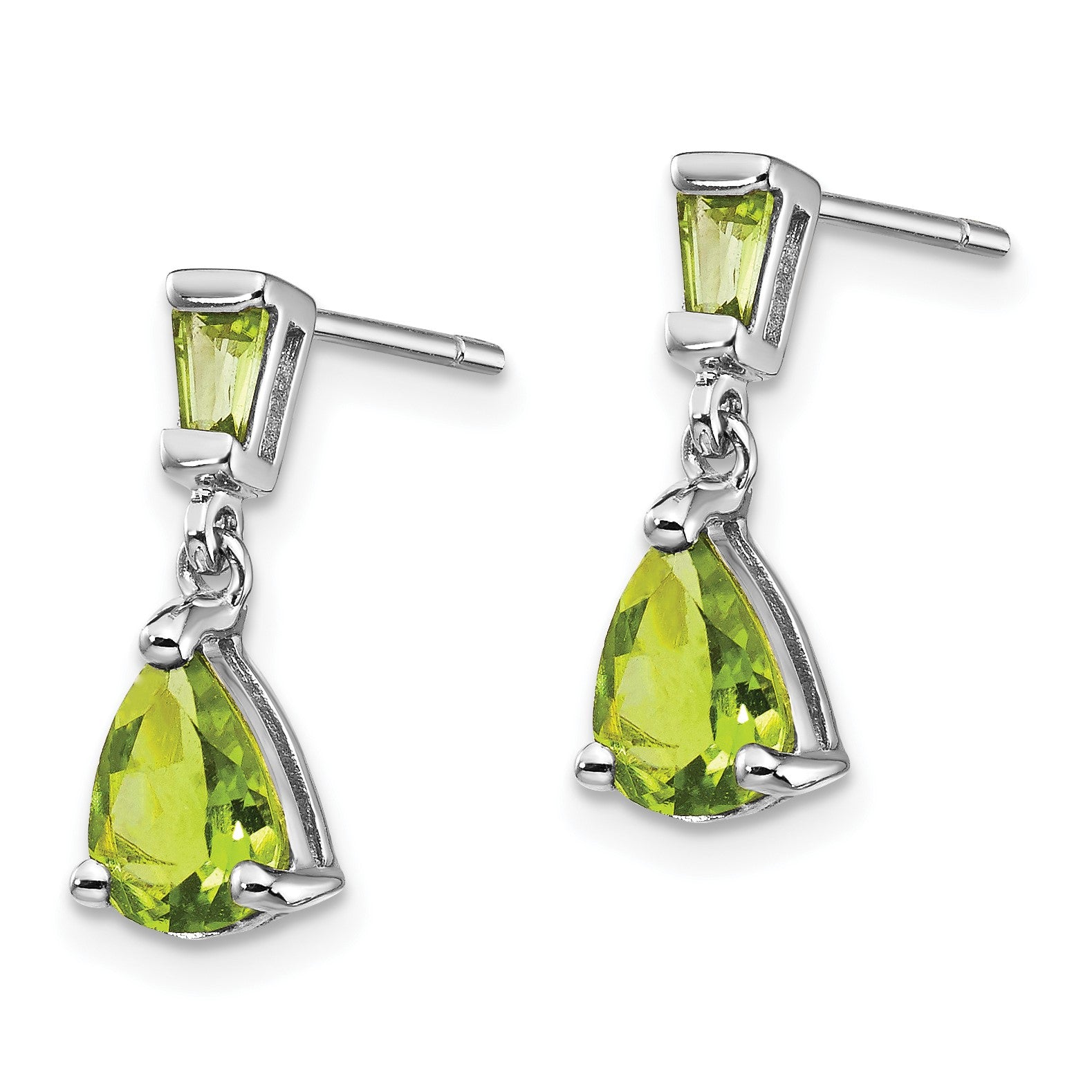 14k White Gold Pear/Baguette Peridot Dangle Post Earrings