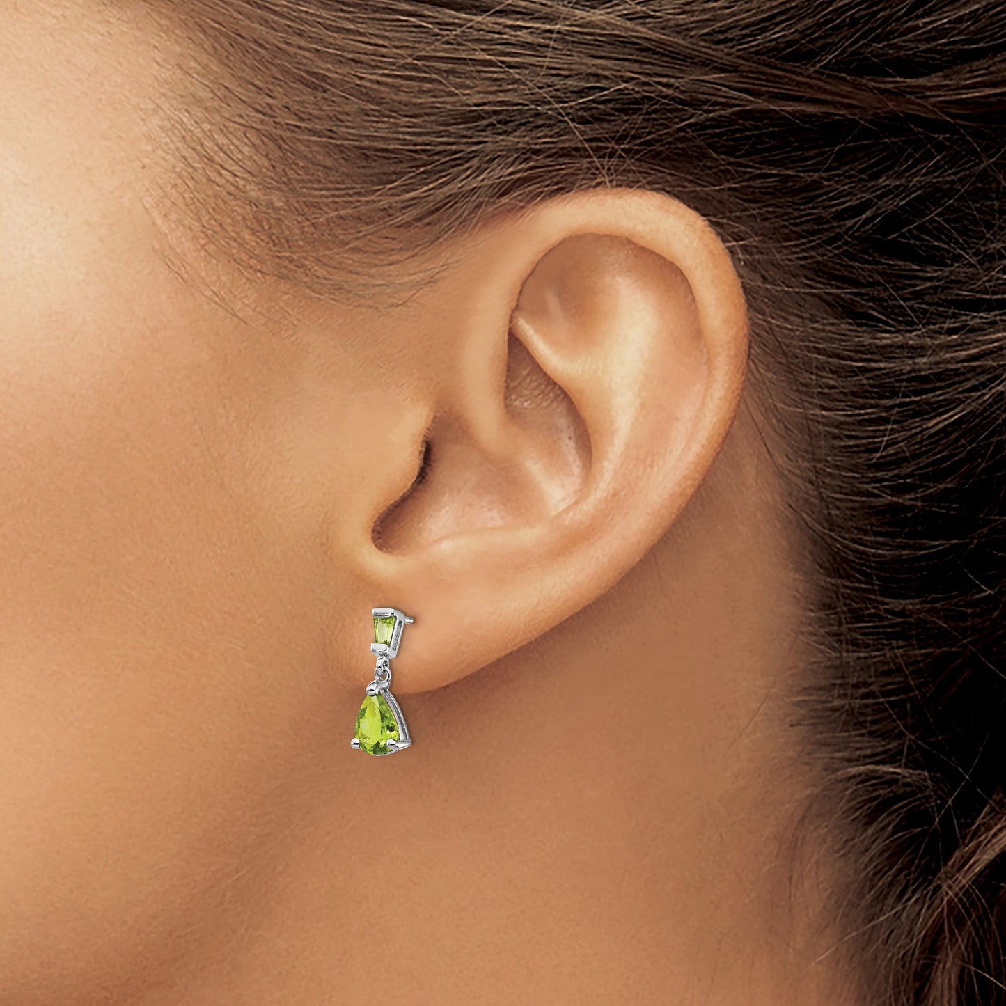14k White Gold Pear/Baguette Peridot Dangle Post Earrings
