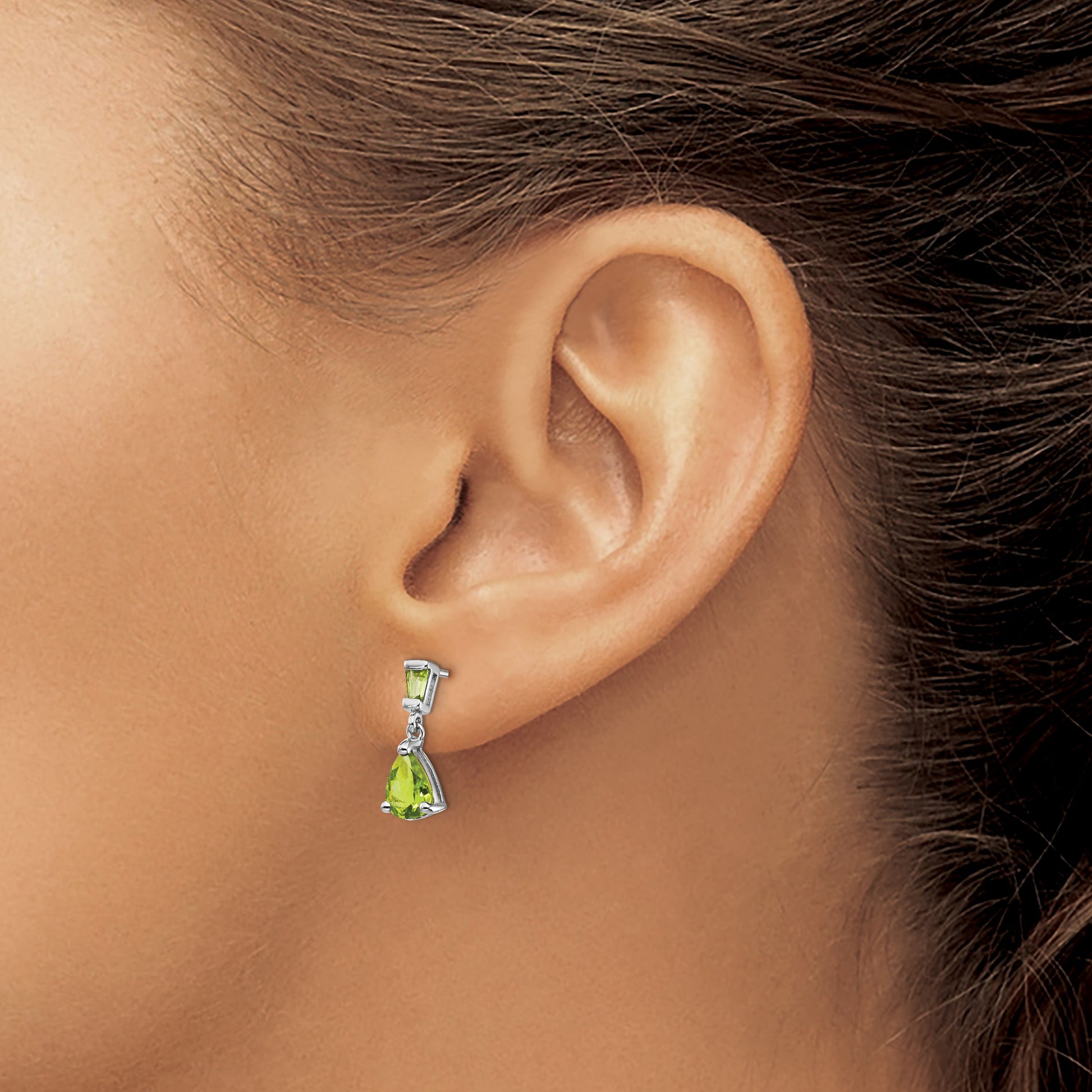 14k White Gold Pear/Baguette Peridot Dangle Post Earrings
