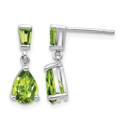 14k White Gold Pear/Baguette Peridot Dangle Post Earrings