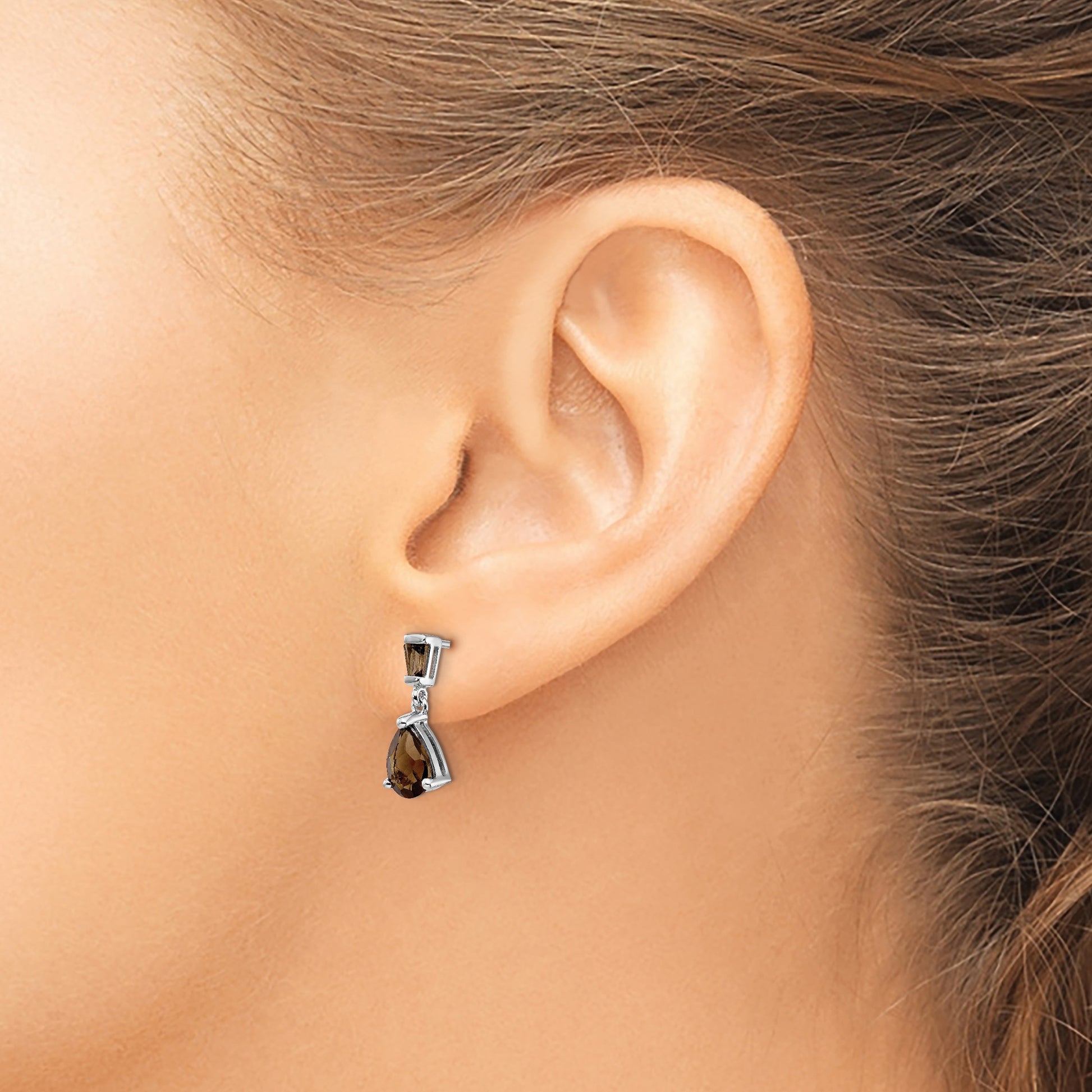 14k White Gold Pear/Baguette Smoky Quartz Dangle Post Earrings