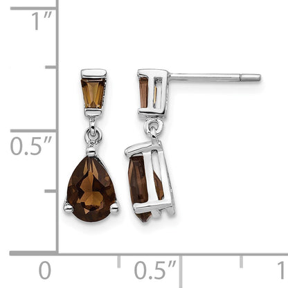 14k White Gold Pear/Baguette Smoky Quartz Dangle Post Earrings