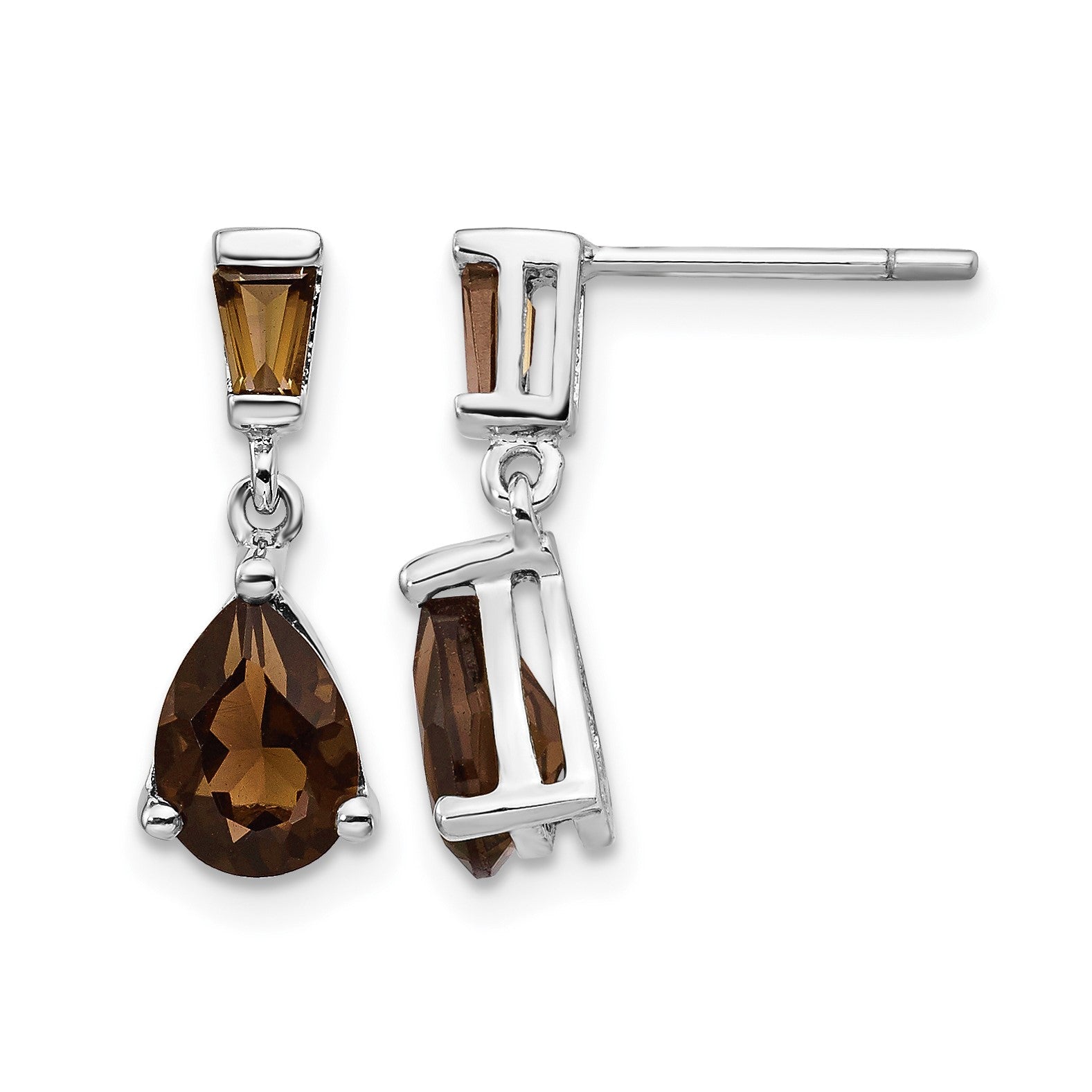 14k White Gold Pear/Baguette Smoky Quartz Dangle Post Earrings