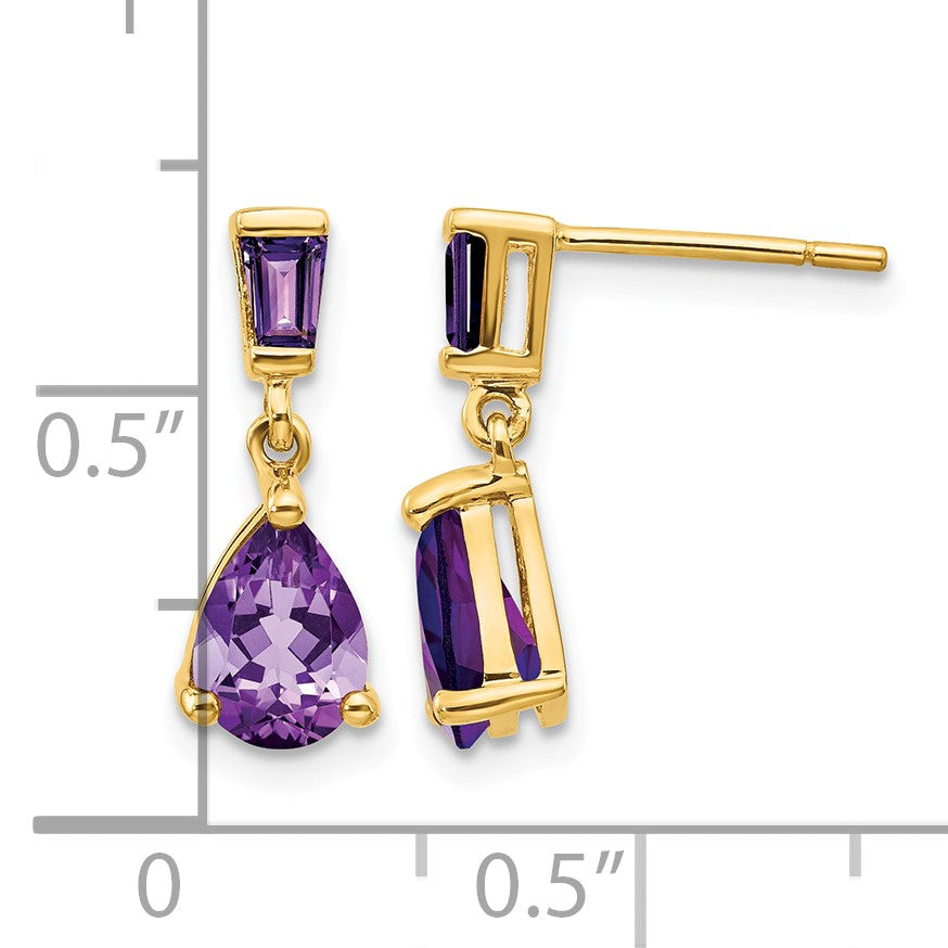 14k Pear/Baguette Amethyst Dangle Post Earrings