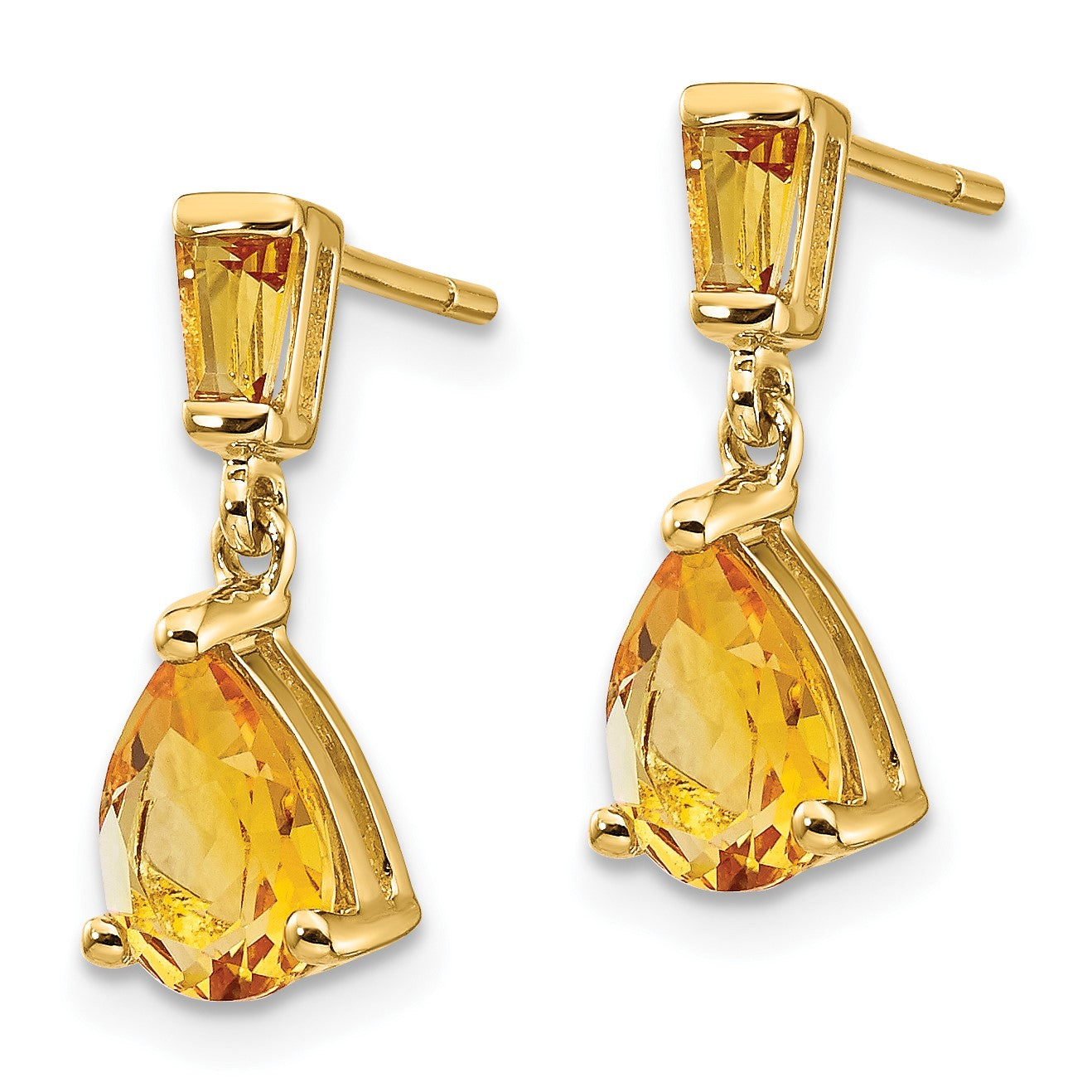 14k Pear/Baguette Citrine Dangle Post Earrings