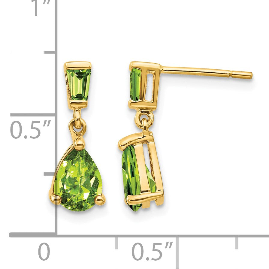 14k Pear/Baguette Peridot Dangle Post Earrings