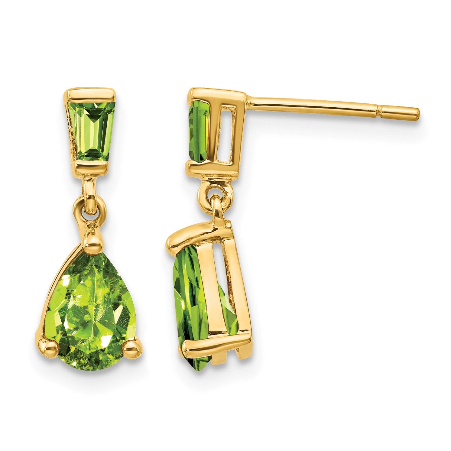 14k Pear/Baguette Peridot Dangle Post Earrings